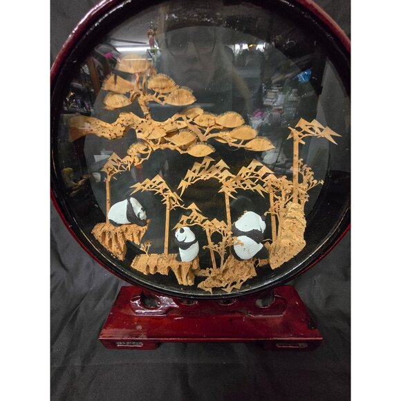 Vintage Chinese Panda Bamboo Diorama In Glass Case With Wooden Stand - Picture 6 of 8